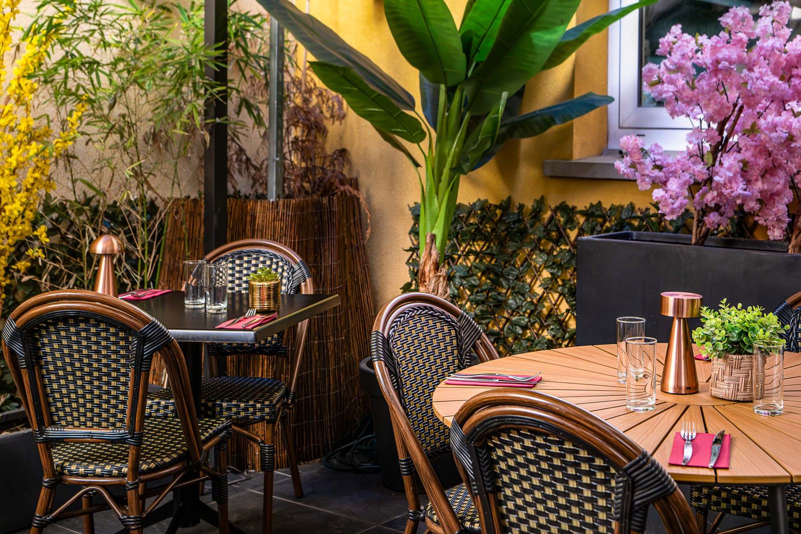 Terrasse jardin à l'arrière du restaurant, tables bistrot et plantes